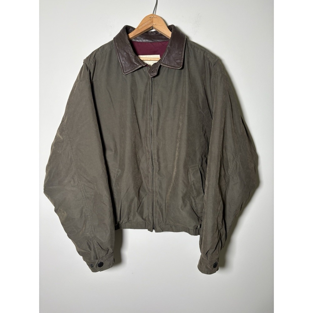 VTG Eddie Bauer Bomber Jacket Mens Large Green Brown Leather Collar Lined